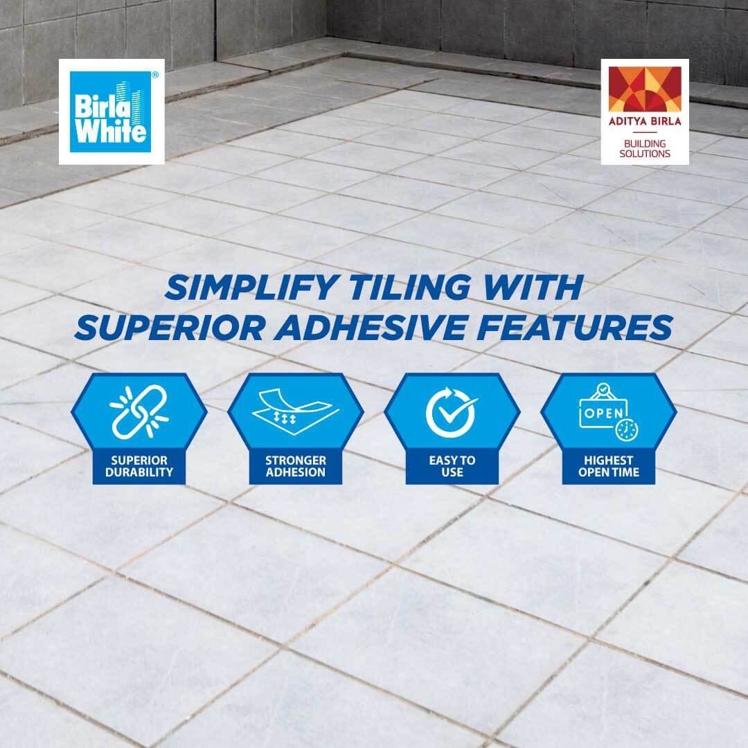 Visual showing tile adhesive application in high-wet zones like bathroom and kitchen walls/floors, highlighting how quality white cement-based adhesives like Birla White TileStix Vitribind Grip+ provide strong, water-resistant bonding for lasting tile installation.